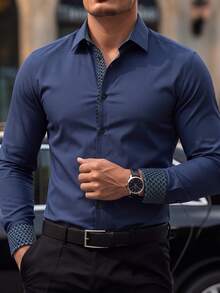 Manfinity Mode Men's Long Sleeve Business Casual Shirt With Patchwork Placket And Cuffs - Multicolor - View 1