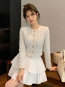 DAZY 女款秋季圓領長袖米白色流蘇飾邊粗花呢金屬鈕扣短版夾克，優雅法式風格，適合派對、辦公室、早午餐 - 米色 - 查看 2