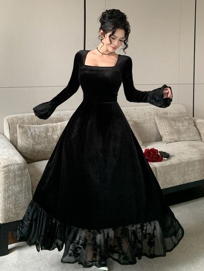 Joudiya Autumn/Winter Square Neck Long Sleeve Black Velvet Bell Sleeve Cinched Waist A-Line Lace Floral Patchwork Elegant Wedding Banquet Evening Gown Women's Dress