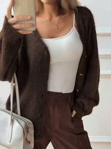 DAZY Autumn/Winter Brown Plush V-Neck Loose Casual Lazy Knit Cardigan For Women, Suitable For Dating, Daily, Street, Commuting And Office - Brown - View 6