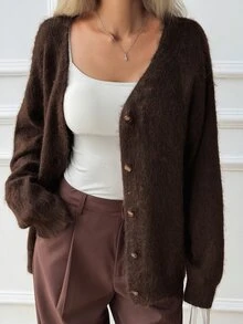 DAZY Autumn/Winter Brown Plush V-Neck Loose Casual Lazy Knit Cardigan For Women, Suitable For Dating, Daily, Street, Commuting And Office - Brown - View 5