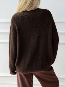 DAZY Autumn/Winter Brown Plush V-Neck Loose Casual Lazy Knit Cardigan For Women, Suitable For Dating, Daily, Street, Commuting And Office - Brown - View 3
