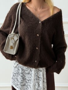 DAZY Autumn/Winter Brown Plush V-Neck Loose Casual Lazy Knit Cardigan For Women, Suitable For Dating, Daily, Street, Commuting And Office - Brown - View 2