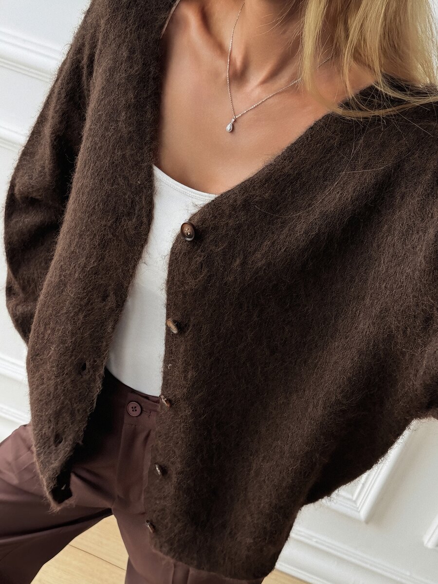 DAZY Autumn/Winter Brown Plush V-Neck Loose Casual Lazy Knit Cardigan For Women, Suitable For Dating, Daily, Street, Commuting And Office - Brown - View 1
