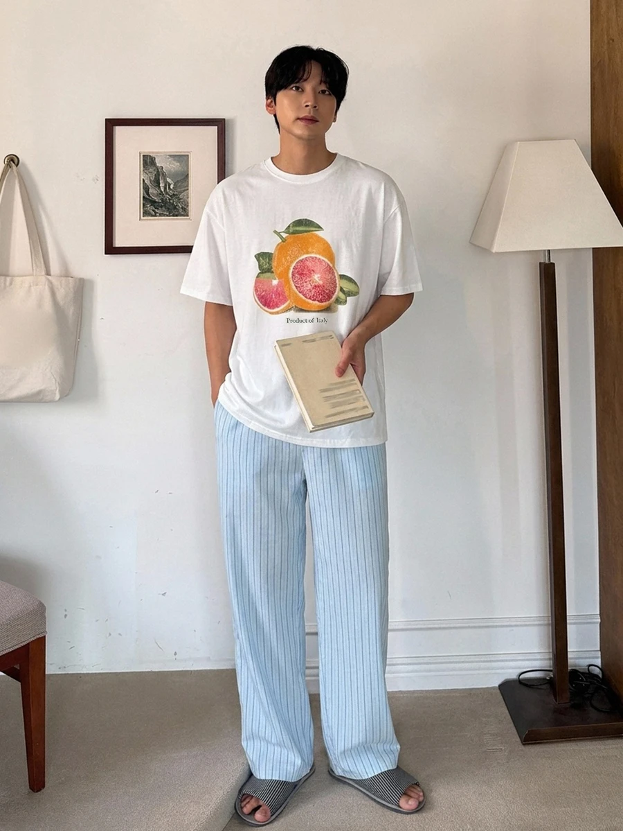 DAZY Men's Summer Letter Print T-Shirt And Striped Pants Loungewear Set Pajamas - Multicolor - View 1