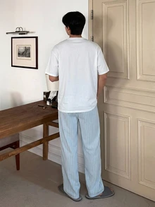 DAZY Men's Summer Letter Print T-Shirt And Striped Pants Loungewear Set Pajamas - Multicolor - View 2
