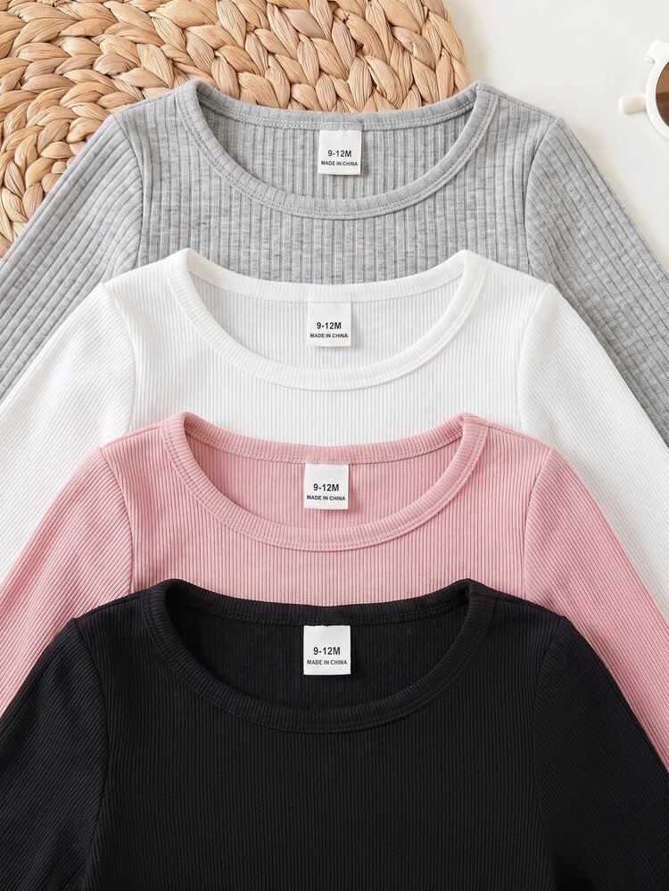 SHEIN Baby Girls 4pcs/Set Frill Trim Long Sleeve Cotton Blend Base Layer, Round Neck Solid Color Ribbed T-Shirt, High Elastic Soft Skin-Friendly Knit Fabric, Spring/Autumn Versatile All-Match Innerwear, Multi-Color Combination Casual Tops - Multicolor - View 5