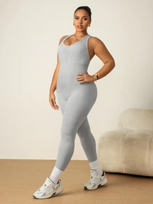 Rhythm Era Women's Plus Size Textured Minimalist Curve Sports Jumpsuit Gym White Summer - Grey - View 4