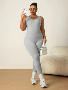 Rhythm Era Women's Plus Size Textured Minimalist Curve Sports Jumpsuit Gym White Summer - Grey - View 5