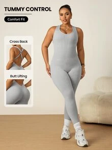 Rhythm Era Women's Plus Size Textured Minimalist Curve Sports Jumpsuit Gym White Summer - Grey - View 1