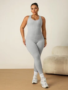 Rhythm Era Women's Plus Size Textured Minimalist Curve Sports Jumpsuit Gym White Summer - Grey - View 6