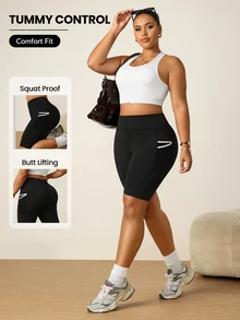 SHEIN Unity Women's Plus Size Solid Color High Waist Athletic Shorts With Pockets - Black - View 1
