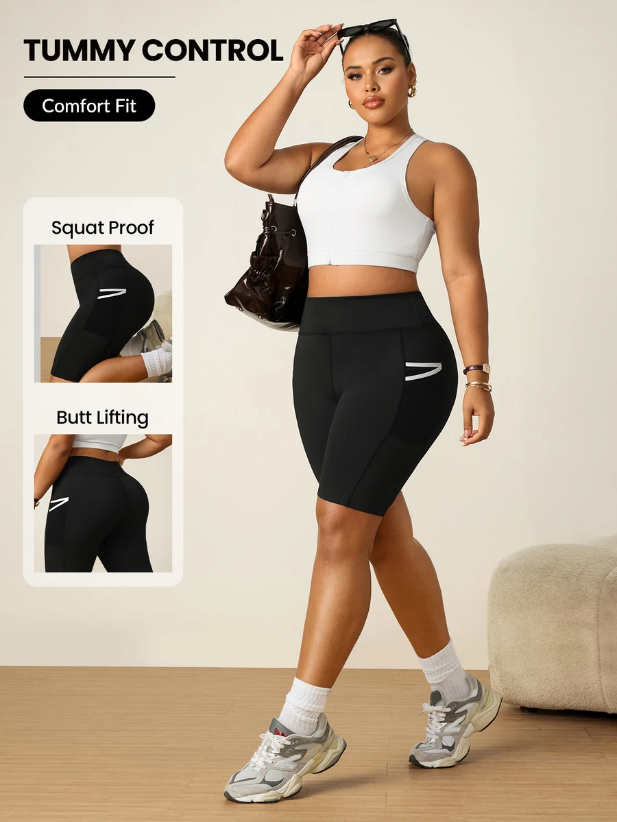 SHEIN Unity Women's Plus Size Solid Color High Waist Athletic Shorts With Pockets - Black - View 1