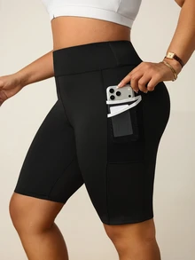 SHEIN Unity Women's Plus Size Solid Color High Waist Athletic Shorts With Pockets - Black - View 5