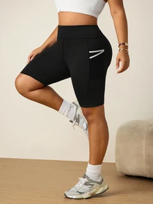 SHEIN Unity Women's Plus Size Solid Color High Waist Athletic Shorts With Pockets - Black - View 6