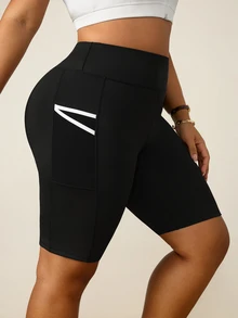 SHEIN Unity Women's Plus Size Solid Color High Waist Athletic Shorts With Pockets - Black - View 4