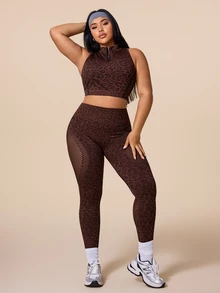 SHEIN Rhythm Era Setelan Olahraga Wanita Ukuran Plus Motif Leopard: Tank Top Pendek dan Legging, Cocok untuk Gym dan Pilates, Warna Cokelat, Cocok untuk Musim Panas. - Coklat - View 5