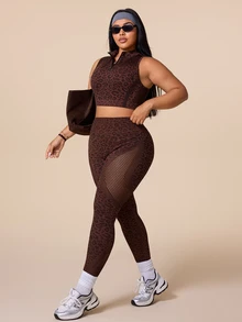 SHEIN Rhythm Era Setelan Olahraga Wanita Ukuran Plus Motif Leopard: Tank Top Pendek dan Legging, Cocok untuk Gym dan Pilates, Warna Cokelat, Cocok untuk Musim Panas. - Coklat - View 8