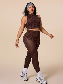 SHEIN Rhythm Era Setelan Olahraga Wanita Ukuran Plus Motif Leopard: Tank Top Pendek dan Legging, Cocok untuk Gym dan Pilates, Warna Cokelat, Cocok untuk Musim Panas. - Coklat - View 3