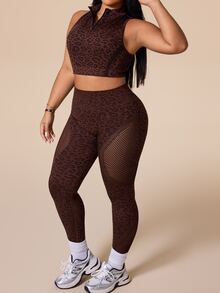 SHEIN Rhythm Era Setelan Olahraga Wanita Ukuran Plus Motif Leopard: Tank Top Pendek dan Legging, Cocok untuk Gym dan Pilates, Warna Cokelat, Cocok untuk Musim Panas. - Coklat - View 7