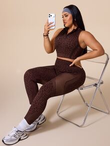 SHEIN Rhythm Era Setelan Olahraga Wanita Ukuran Plus Motif Leopard: Tank Top Pendek dan Legging, Cocok untuk Gym dan Pilates, Warna Cokelat, Cocok untuk Musim Panas. - Coklat - View 6