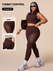 SHEIN Rhythm Era Setelan Olahraga Wanita Ukuran Plus Motif Leopard: Tank Top Pendek dan Legging, Cocok untuk Gym dan Pilates, Warna Cokelat, Cocok untuk Musim Panas. - Coklat - View 1