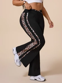 SHEIN Rhythm Era Women's Plus Size Leopard Print Criss-Cross Waist Flared Leggings - Black - View 3