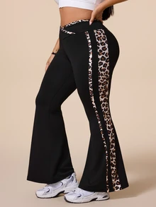 SHEIN Rhythm Era Women's Plus Size Leopard Print Criss-Cross Waist Flared Leggings - Black - View 6