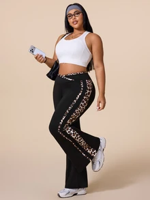 SHEIN Rhythm Era Women's Plus Size Leopard Print Criss-Cross Waist Flared Leggings - Black - View 7