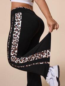 SHEIN Rhythm Era Women's Plus Size Leopard Print Criss-Cross Waist Flared Leggings - Black - View 5