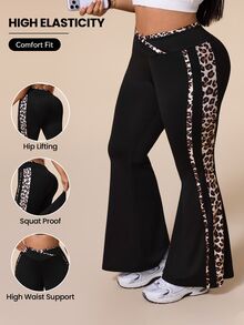 SHEIN Rhythm Era Women's Plus Size Leopard Print Criss-Cross Waist Flared Leggings - Black - View 1