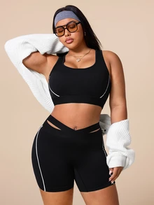 SHEIN Rhythm Era Women's Plus Size Colorblock Top And Shorts Casual Daily Sports Set Pilates Gym Black And White Summer - Black - View 2