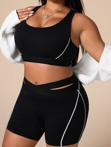 SHEIN Rhythm Era Women's Plus Size Colorblock Top And Shorts Casual Daily Sports Set Pilates Gym Black And White Summer - Black - View 3