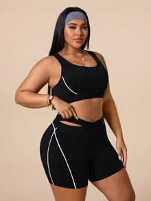 SHEIN Rhythm Era Women's Plus Size Colorblock Top And Shorts Casual Daily Sports Set Pilates Gym Black And White Summer - Black - View 6
