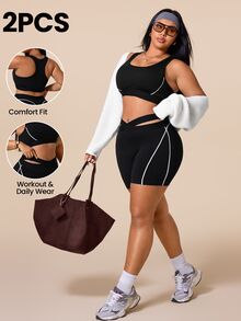 SHEIN Rhythm Era Women's Plus Size Colorblock Top And Shorts Casual Daily Sports Set Pilates Gym Black And White Summer - Black - View 1
