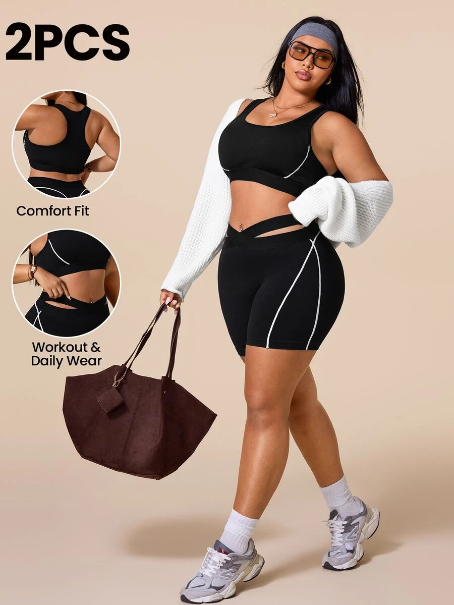 SHEIN Rhythm Era Women's Plus Size Colorblock Top And Shorts Casual Daily Sports Set Pilates Gym Black And White Summer - Black - View 1