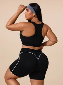 SHEIN Rhythm Era Women's Plus Size Colorblock Top And Shorts Casual Daily Sports Set Pilates Gym Black And White Summer - Black - View 5