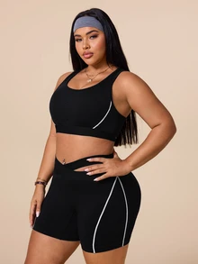 SHEIN Rhythm Era Women's Plus Size Colorblock Top And Shorts Casual Daily Sports Set Pilates Gym Black And White Summer - Black - View 4