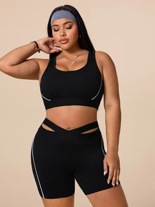 SHEIN Rhythm Era Women's Plus Size Colorblock Top And Shorts Casual Daily Sports Set Pilates Gym Black And White Summer - Black - View 7
