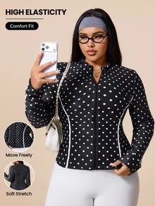 Rhythm Era Plus Size Women's Polka Dot Pattern Long Sleeve Zip-Up Sports Jacket Fall - Black - View 1