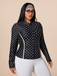 Rhythm Era Plus Size Women's Polka Dot Pattern Long Sleeve Zip-Up Sports Jacket Fall - Black - View 5