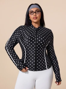 Rhythm Era Plus Size Women's Polka Dot Pattern Long Sleeve Zip-Up Sports Jacket Fall - Black - View 3