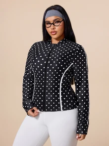 Rhythm Era Plus Size Women's Polka Dot Pattern Long Sleeve Zip-Up Sports Jacket Fall - Black - View 4
