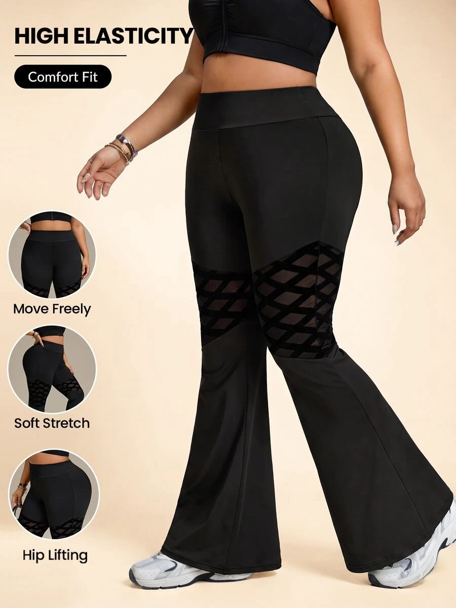 SHEIN Unity 大尺碼網布交叉綁帶喇叭褲腿運動緊身褲 健身運動黑色夏季款 - 黑色 - 查看 1