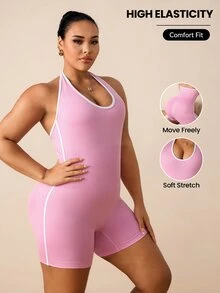 SHEIN Rhythm Era رومبير رياضي نسائي بمقاس كبير مع حافة مزينة وياقة هالتر - وردي - مشاهدة 1