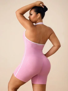 SHEIN Rhythm Era رومبير رياضي نسائي بمقاس كبير مع حافة مزينة وياقة هالتر - وردي - مشاهدة 2