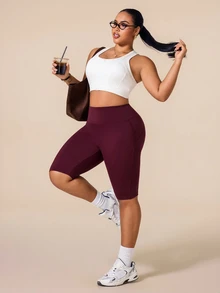 SHEIN Rhythm Era Women's Spring/Summer Casual Minimalist Energetic Plus Size Sports Shorts - Burgundy - View 6