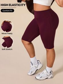 SHEIN Rhythm Era Women's Spring/Summer Casual Minimalist Energetic Plus Size Sports Shorts - Burgundy - View 1