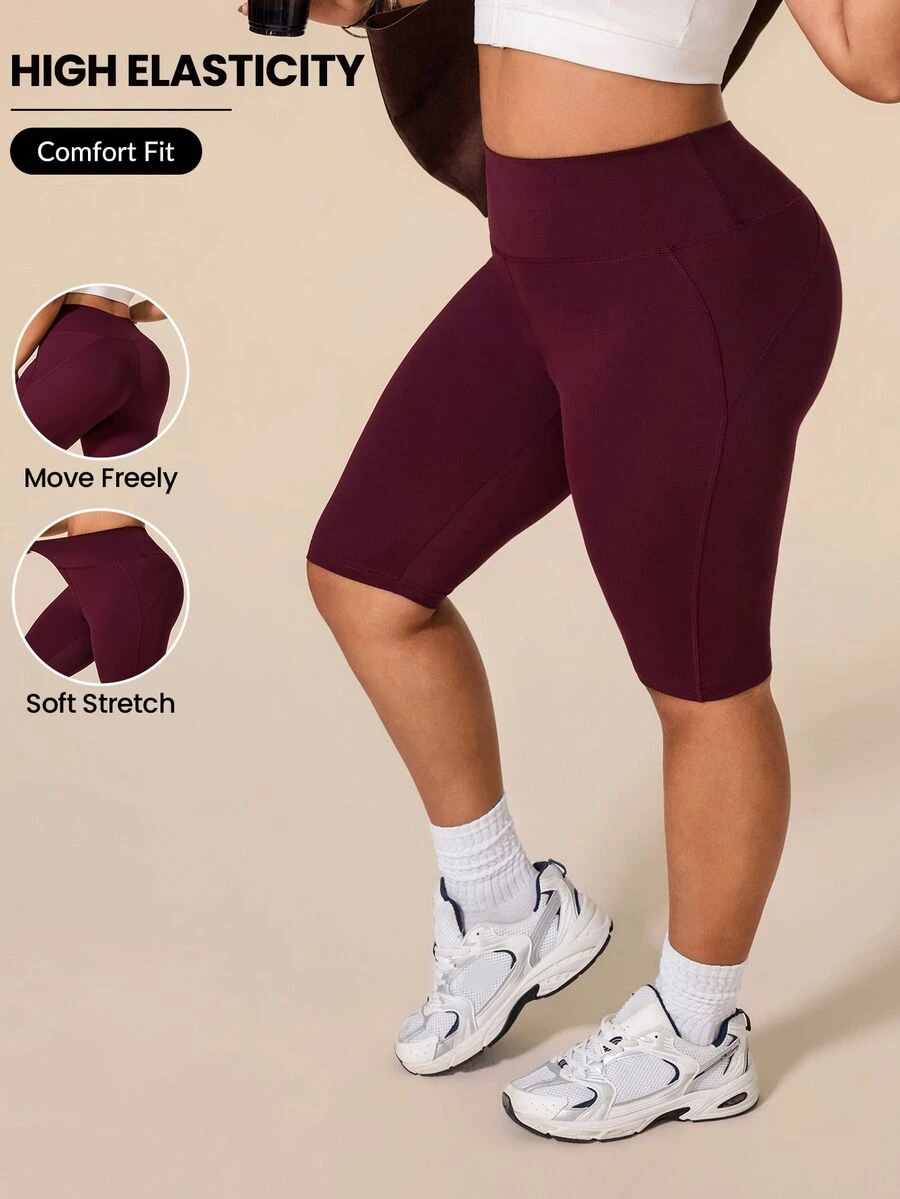 SHEIN Rhythm Era Women's Spring/Summer Casual Minimalist Energetic Plus Size Sports Shorts - Burgundy - View 1