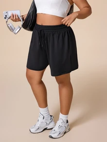SHEIN Rhythm Era Women's Plus Size Solid Color Drawstring Waist Sports Shorts - Black - View 7